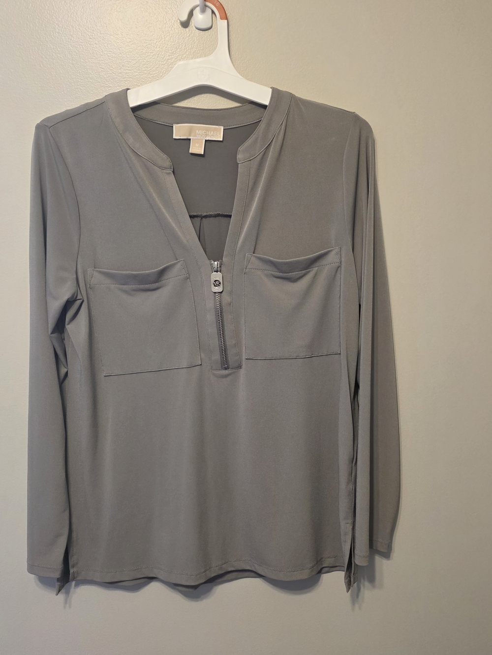 Michael Kors Light Gray Long-Sleeve Zip Pocket Top